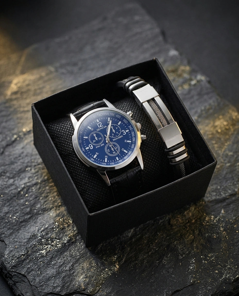 The Diplomat Set luxe herenhorloge cadeauset met blauwe chronograaf, zwarte leren band en zilverkleurige armband in zwarte geschenkdoos