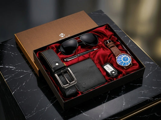 Velmaro luxe herenaccessoierset met blauw horloge, bruine horlogeband, zwarte riem, portemonnee, zonnebril, pen en sleutelhanger in elegante geschenkverpakking