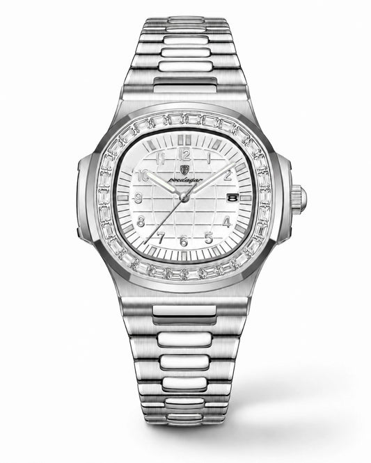 Zilverkleurig Viremont Albes horloge met witte wijzerplaat, premium stalen band en elegante glanzende details.