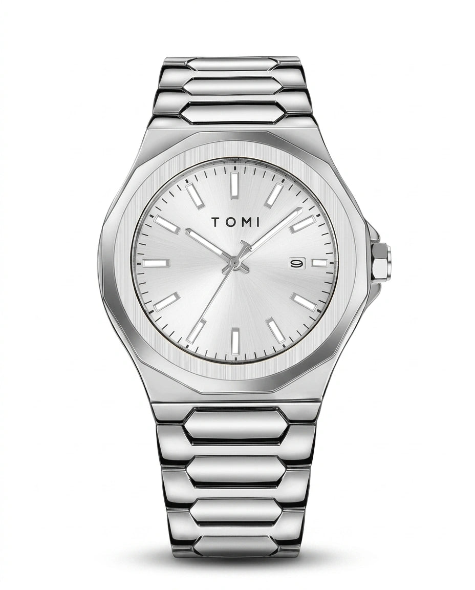 Argentor zilverkleurig herenhorloge met lichte wijzerplaat, metalen schakelband en elegante geometrische kast