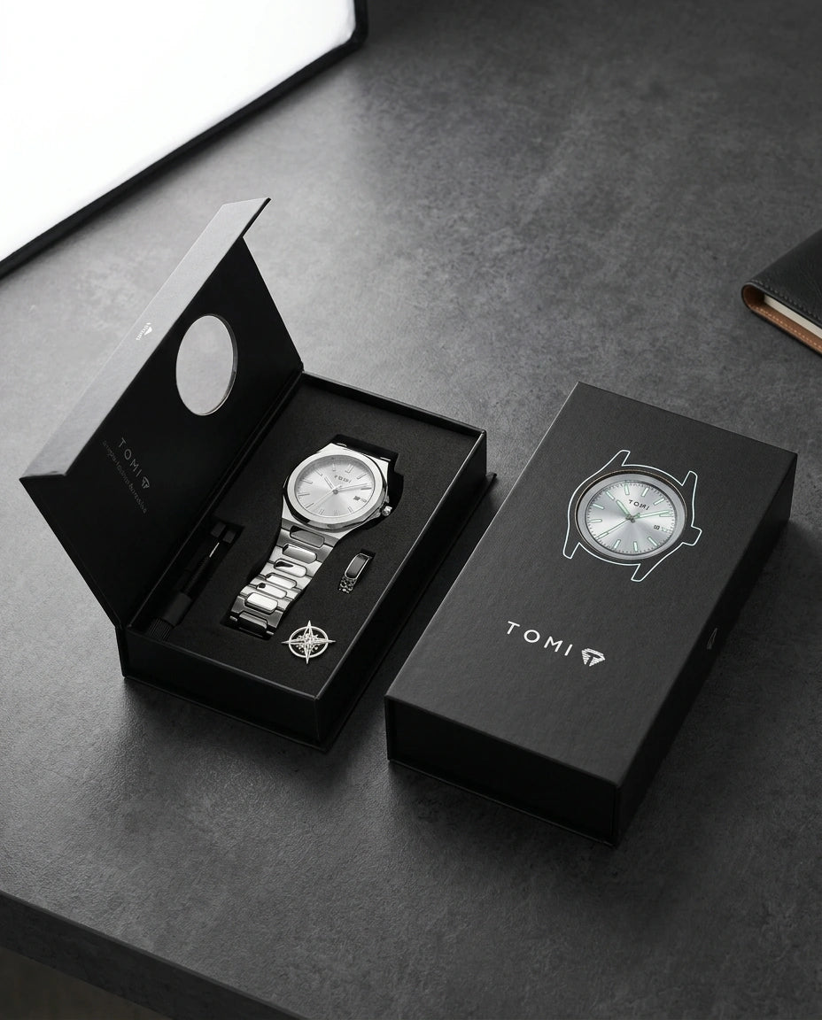 Argentor luxe herenhorloge in open zwarte horlogebox met zilverkleurig horloge, accessoires en premium verpakking