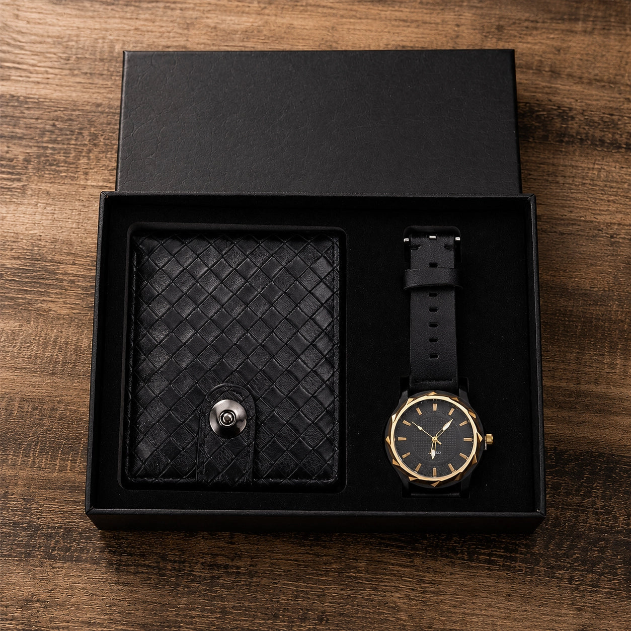 Luxe geschenkset met zwarte gevlochten portemonnee en zwart-goud horloge in premium doos