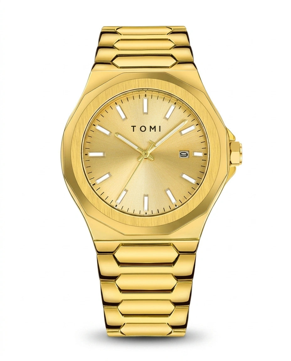 Aurexen volledig goudkleurig herenhorloge met gouden wijzerplaat, metalen schakelband en luxe geometrisch design