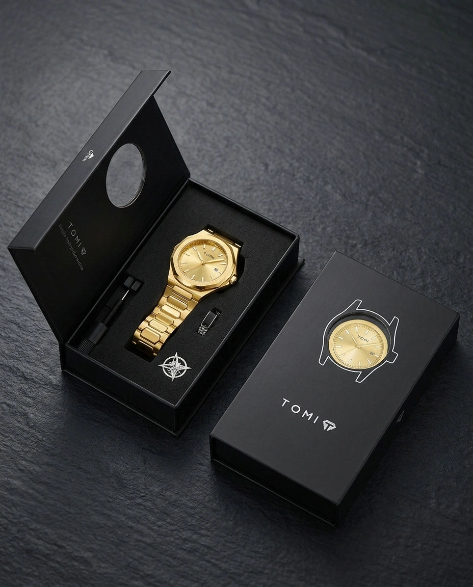 Aurexen goudkleurig luxe herenhorloge in open premium horlogebox met accessoires en zwarte geschenkverpakking