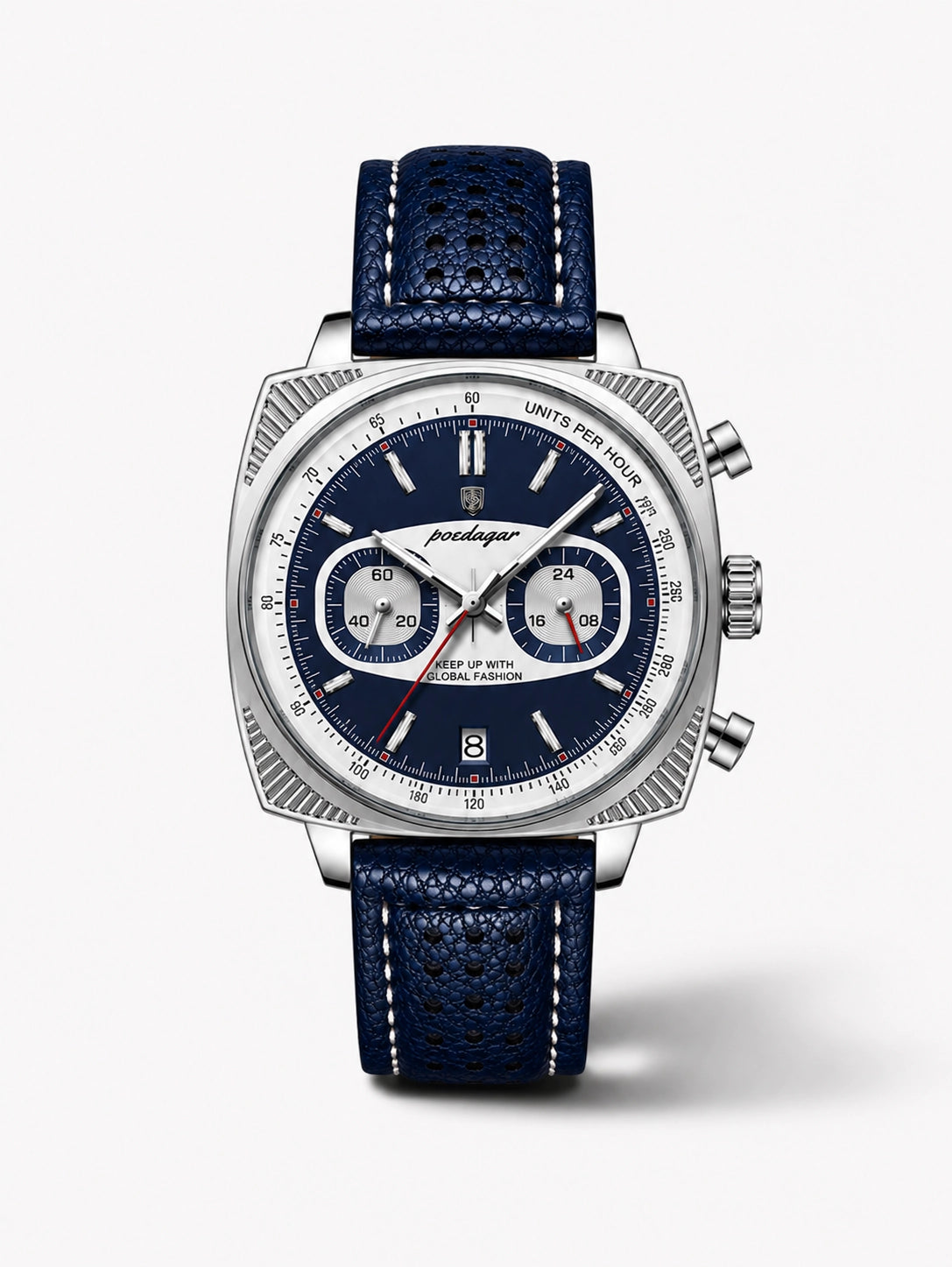 Azure Grand Tourer - herenhorloge met blauwe leren band, zilverkleurige kast, blauw-witte wijzerplaat en chronograafdetails.
