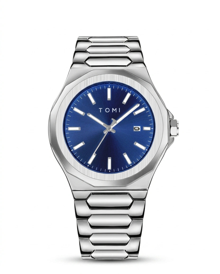 Azurien luxe herenhorloge met blauwe wijzerplaat, zilverkleurige metalen schakelband en moderne geometrische kast