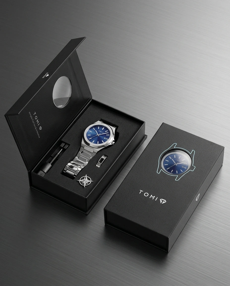 Azurien blauw herenhorloge in open zwarte horlogebox met accessoires, premium verpakking en zilverkleurige schakelband