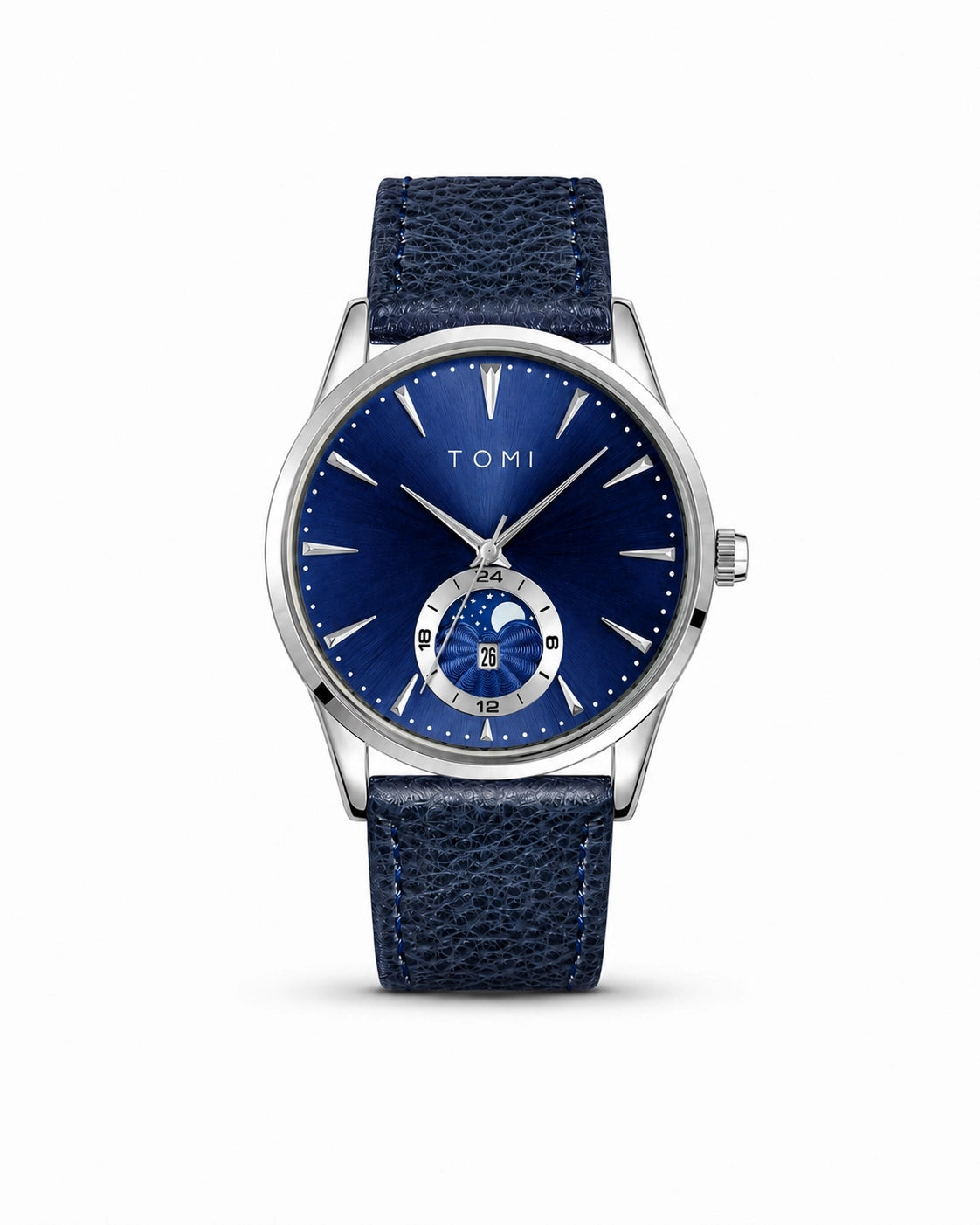 Luxora Lunévia Azurion herenhorloge met diepblauwe wijzerplaat, zilverkleurige kast en blauwe leren horlogeband