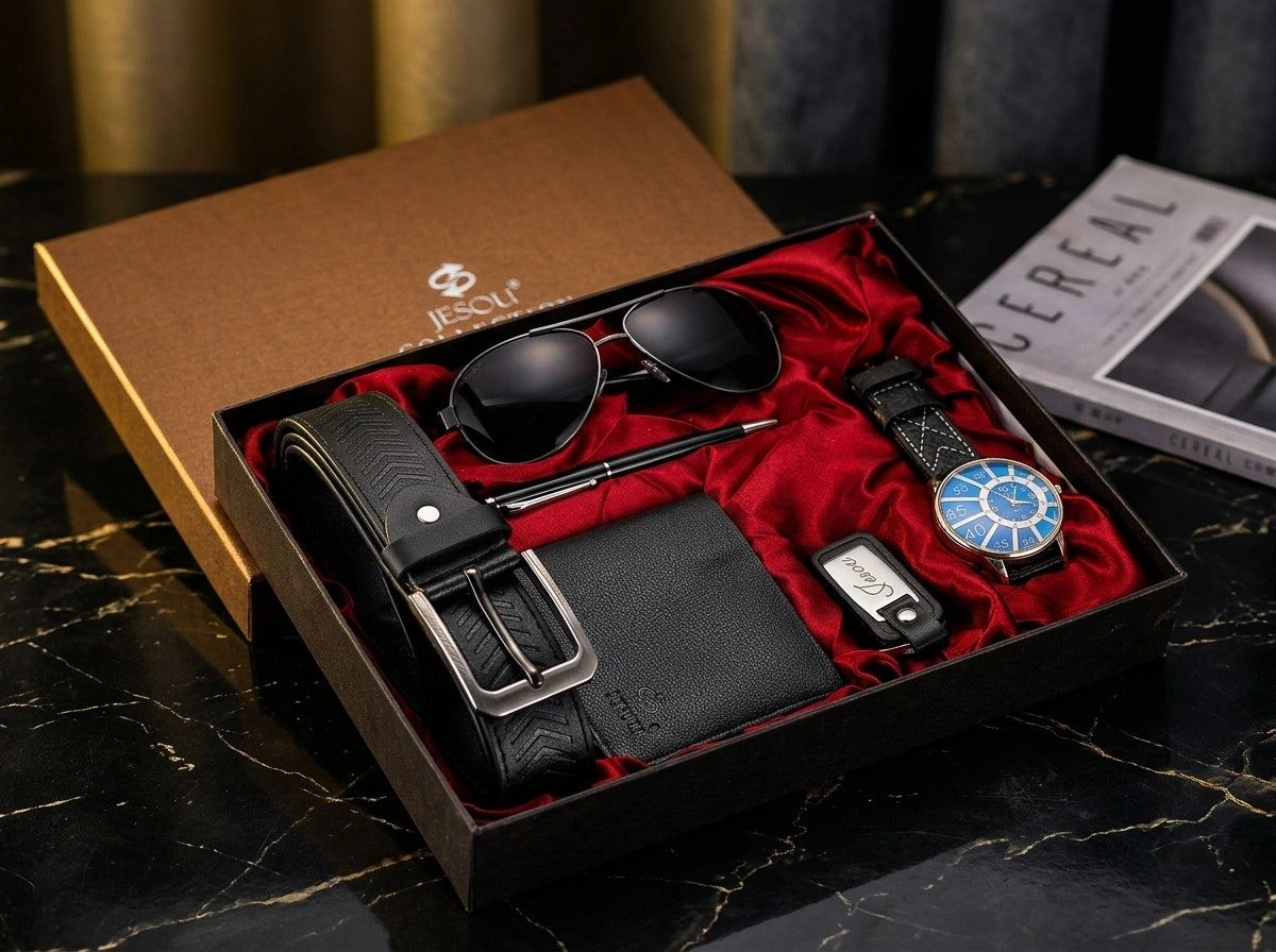 Azurion premium herenaccessoierset met blauw horloge, zwarte horlogeband, zwarte riem, portemonnee, zonnebril, pen en sleutelhanger in luxe presentatiebox