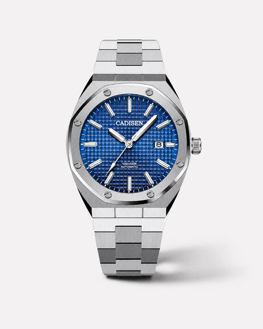 Celeste zilverkleurig automatisch horloge met blauwe getextureerde wijzerplaat en metalen schakelband.