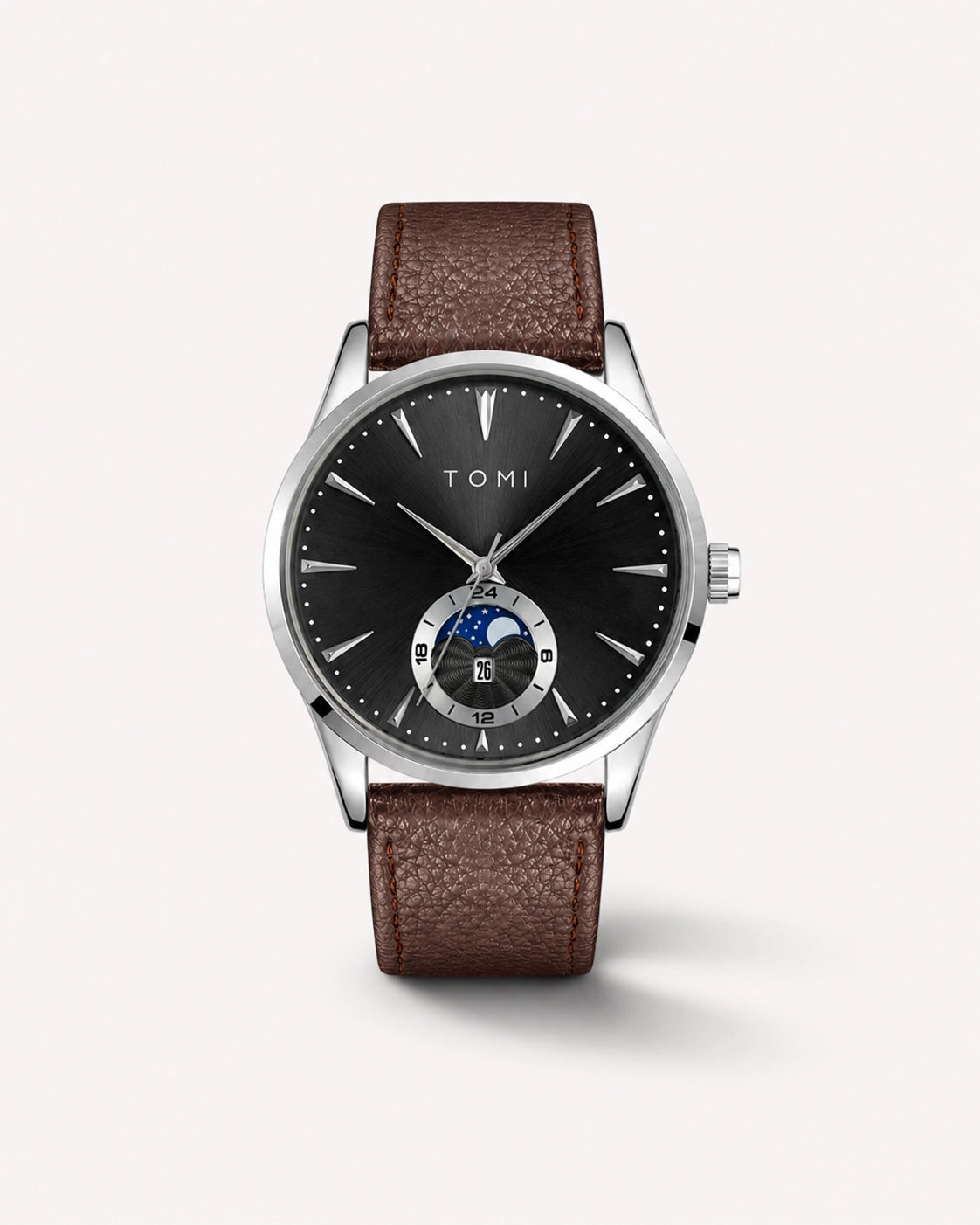 Luxora Lunévia Corvane herenhorloge met zwarte wijzerplaat, zilverkleurige kast en bruine leren horlogeband