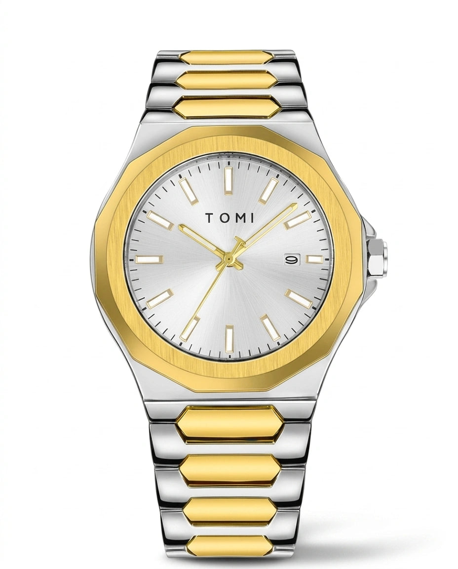 Dorvane luxe zilver-goud herenhorloge met lichte wijzerplaat, gouden bezel en tweekleurige metalen schakelband