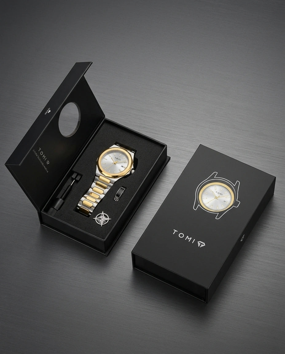 Dorvane tweekleurig herenhorloge in luxe zwarte horlogebox met goudkleurige details, accessoires en premium presentatie