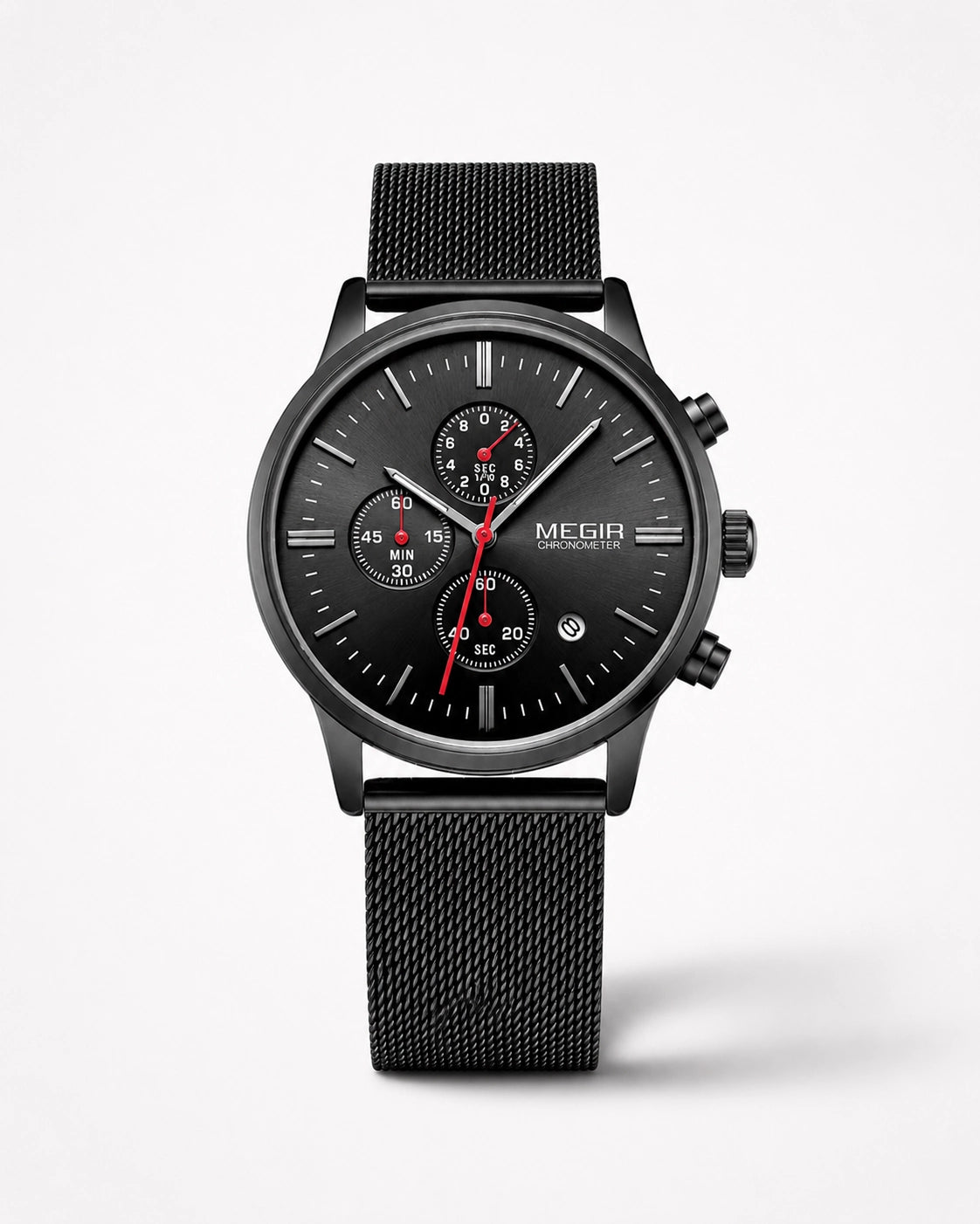 Zwarte chronograafhorloge Draven met metalen meshband, zwarte wijzerplaat en rode details op een premium witte achtergrond.