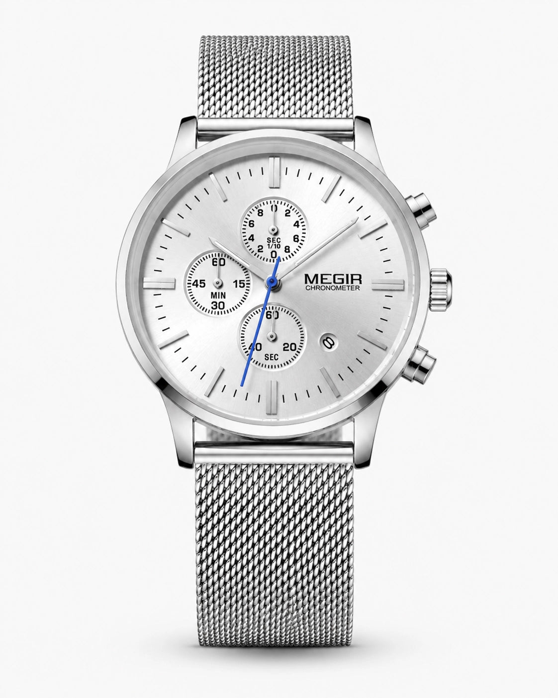 Zilverkleurige chronograafhorloge Elian met metalen meshband, witte wijzerplaat en blauwe secondewijzer op een elegante witte achtergrond.