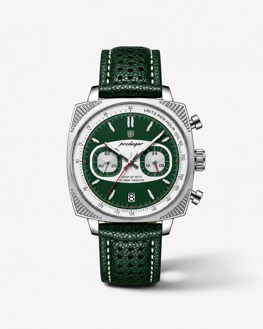 Emerald Velocity - herenhorloge met groene leren band, zilverkleurige kast, groen-witte wijzerplaat en chronograafdetails. 