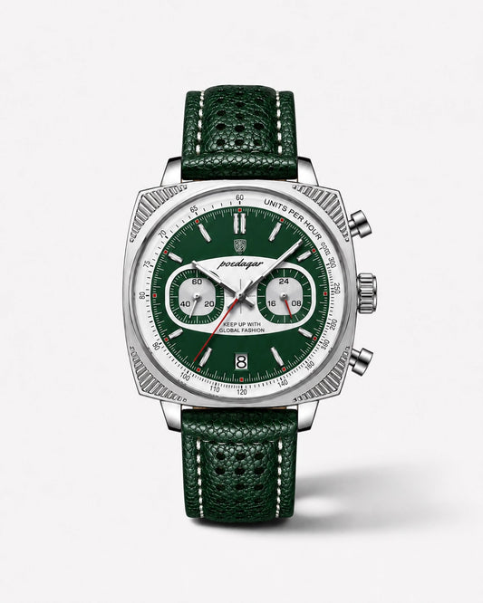 Emerald Velocity - herenhorloge met groene leren band, zilverkleurige kast, groen-witte wijzerplaat en chronograafdetails. 
