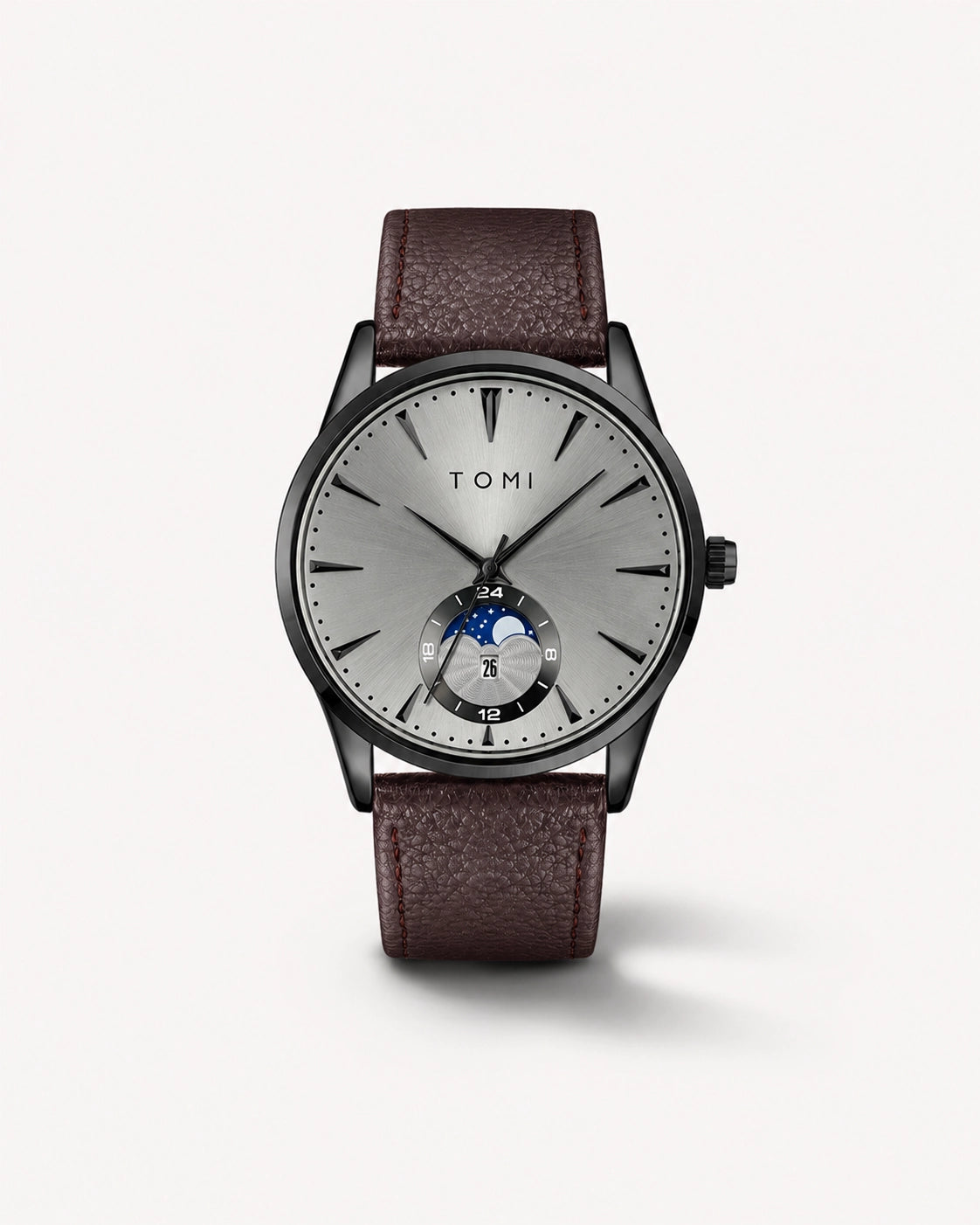 Luxora Lunévia Grivane herenhorloge met zilvergrijze wijzerplaat, donkere kast en bruine leren horlogeband