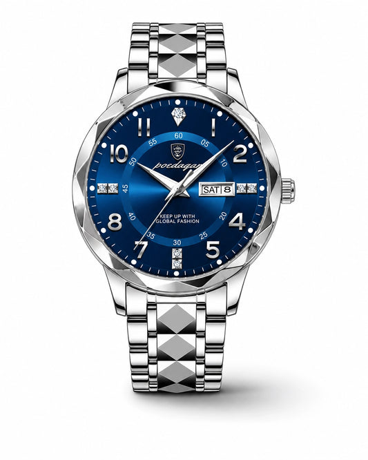 Horizon zilverkleurig horloge met blauwe wijzerplaat, kristaldetails en metalen schakelband.