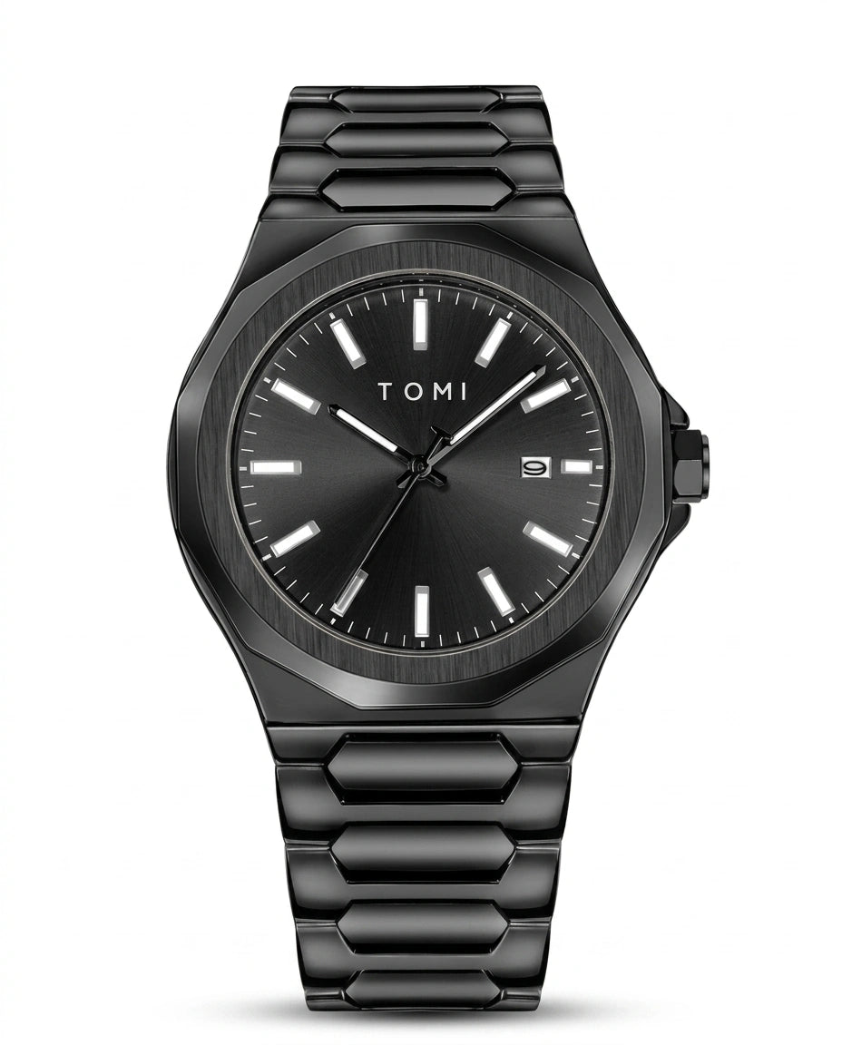 Nerovex volledig zwart herenhorloge met zwarte wijzerplaat, metalen schakelband en modern luxe geometrisch design