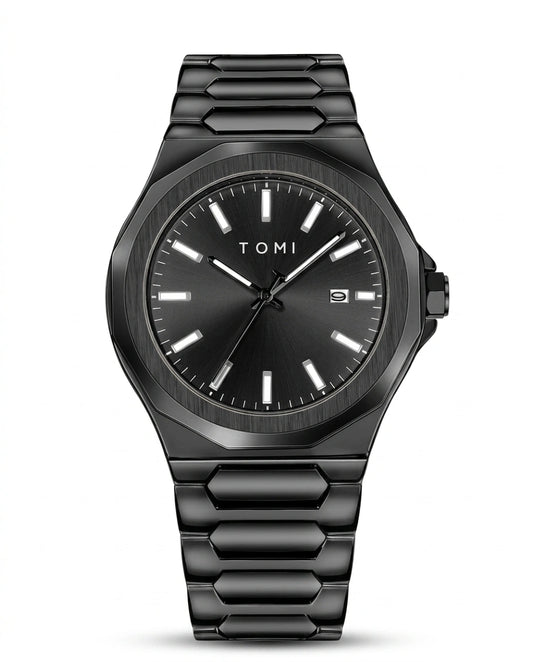 Nerovex volledig zwart herenhorloge met zwarte wijzerplaat, metalen schakelband en modern luxe geometrisch design