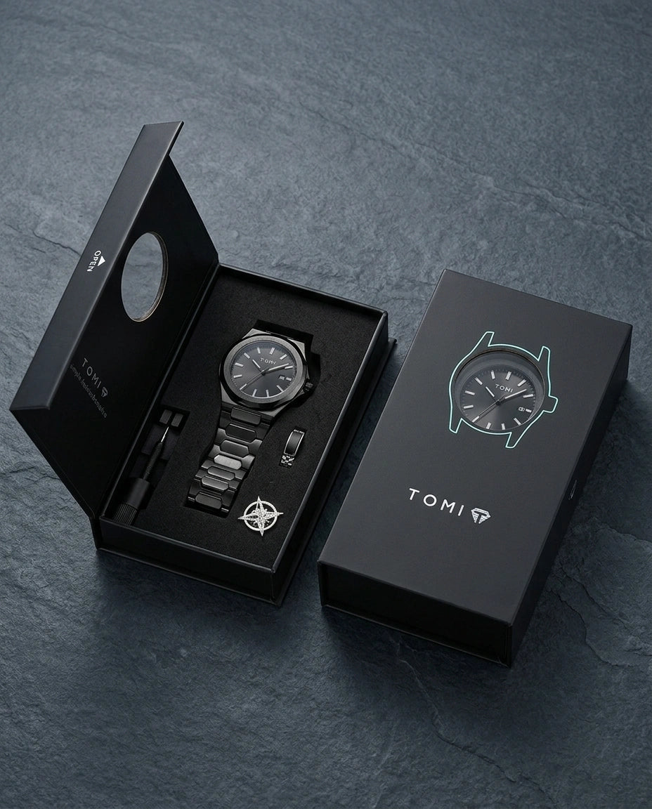 Nerovex zwart luxe herenhorloge in open premium horlogebox met accessoires en elegante zwarte geschenkverpakking