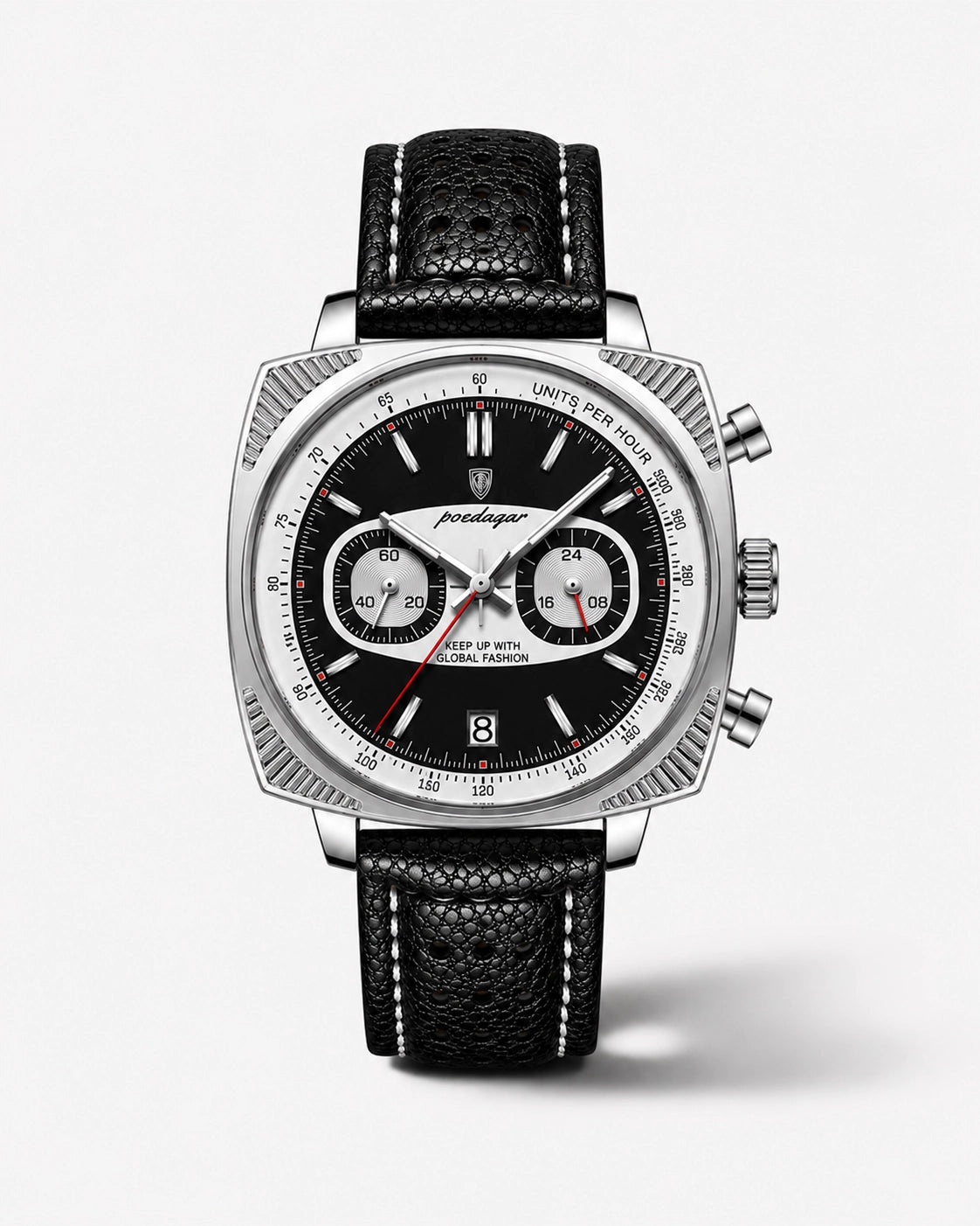Obsidian Racer - herenhorloge met zwarte leren band, zilverkleurige kast, zwart-witte wijzerplaat en chronograafdetails.