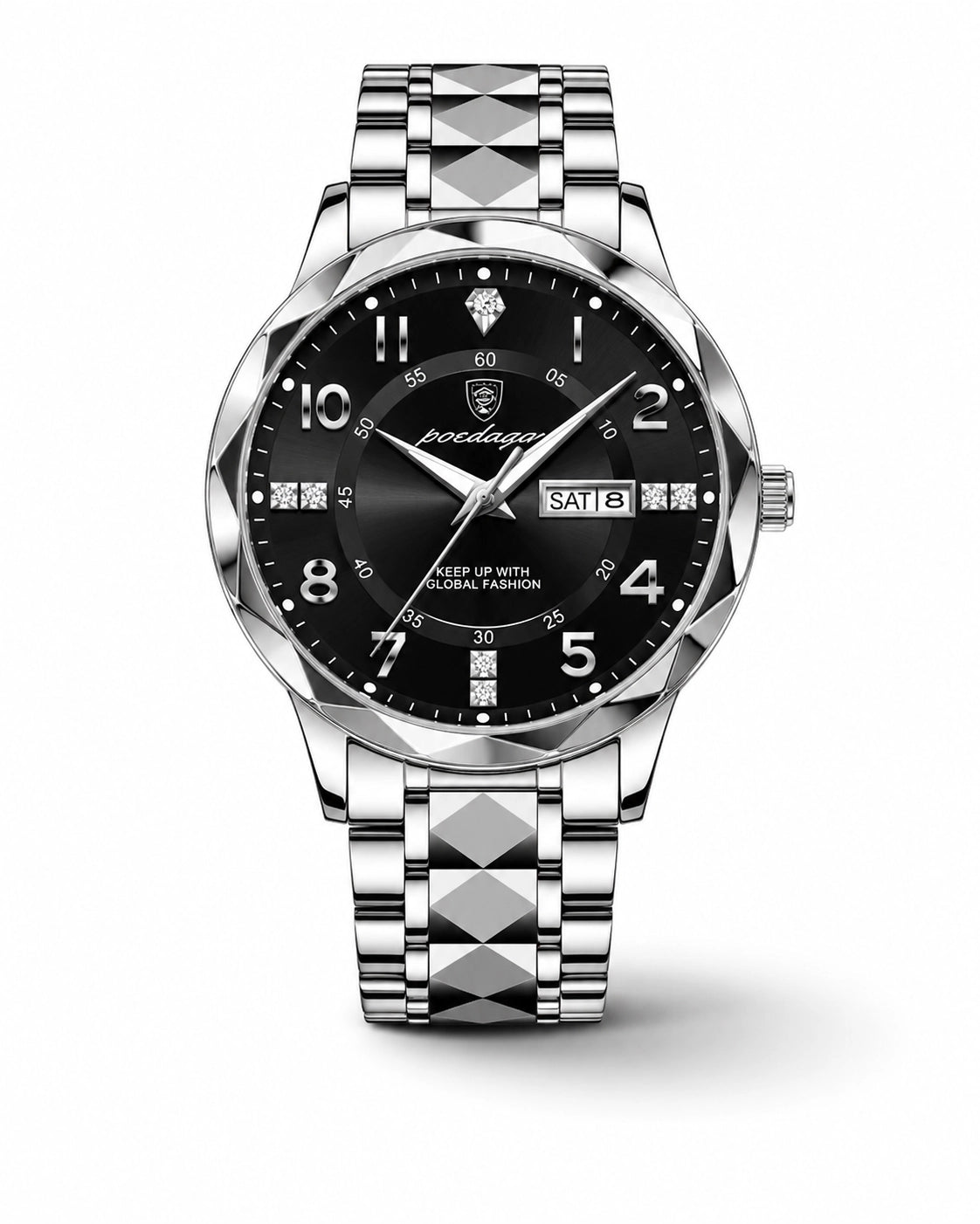 Onyx zilverkleurig horloge met zwarte wijzerplaat, kristaldetails en elegante metalen band.