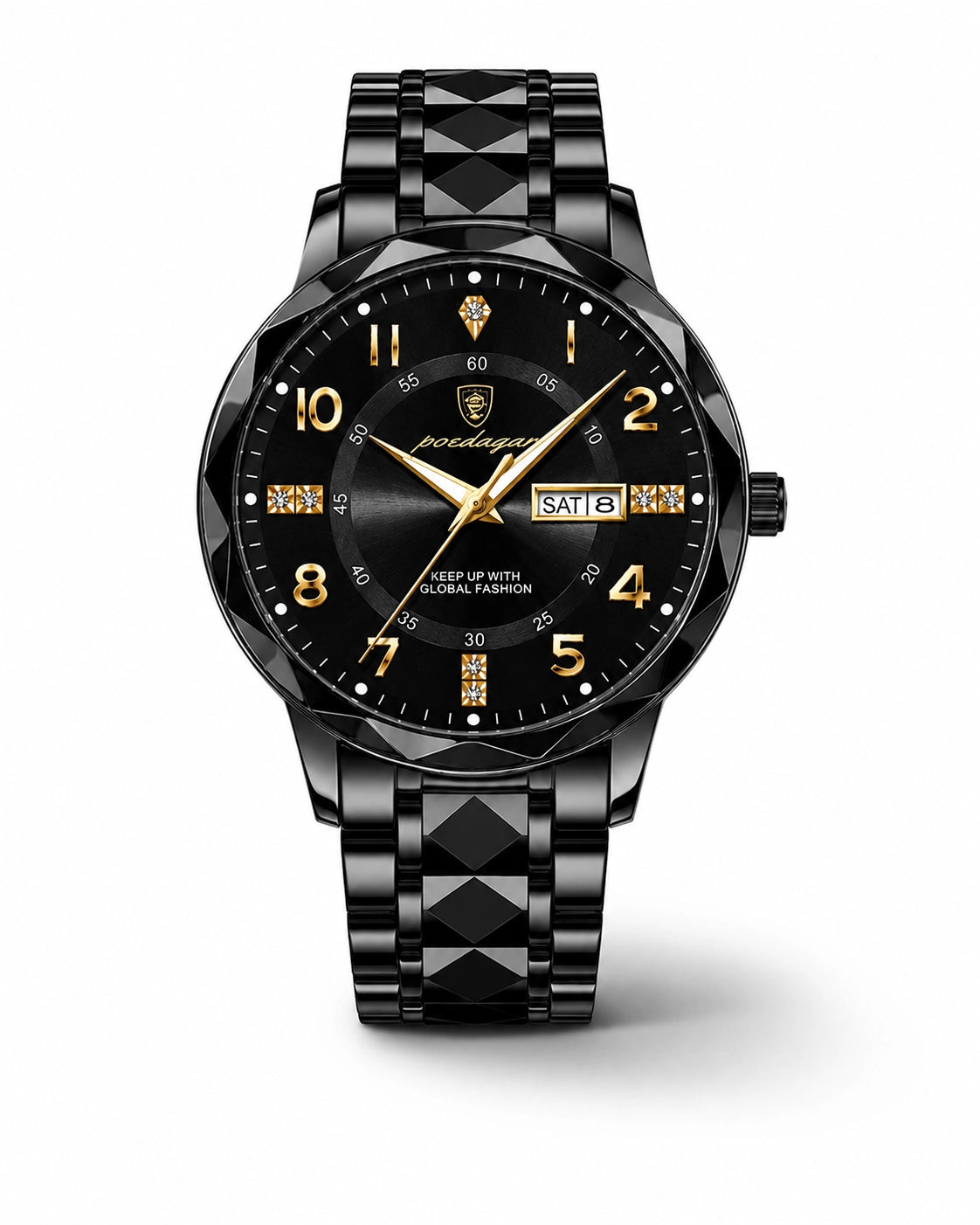 Phantom zwart horloge met zwarte wijzerplaat, gouden accenten en kristaldetails.