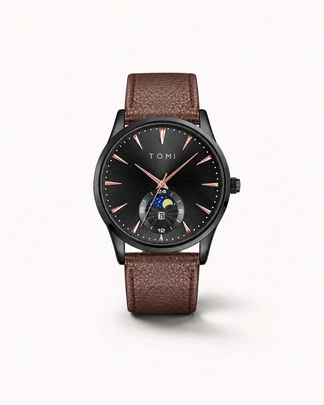 Luxora Lunévia Rosavere herenhorloge met zwarte wijzerplaat, roségouden details en bruine leren horlogeband