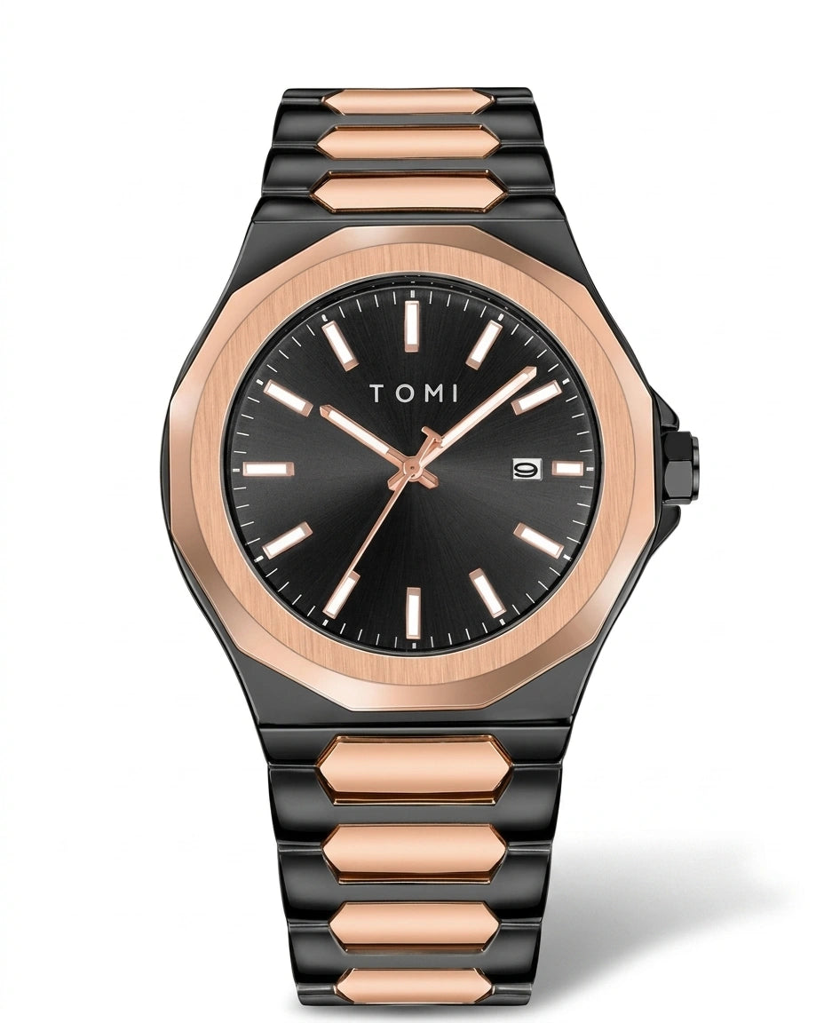 Rosévar luxe herenhorloge met zwarte wijzerplaat, roségouden bezel en zwart-roségouden metalen schakelband