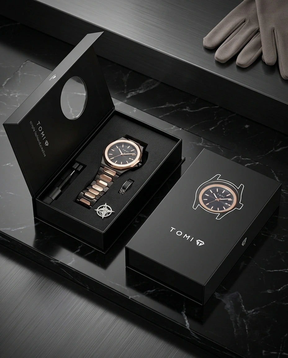 Rosévar zwart en roségoud herenhorloge in luxe horlogebox met accessoires en premium zwarte verpakking