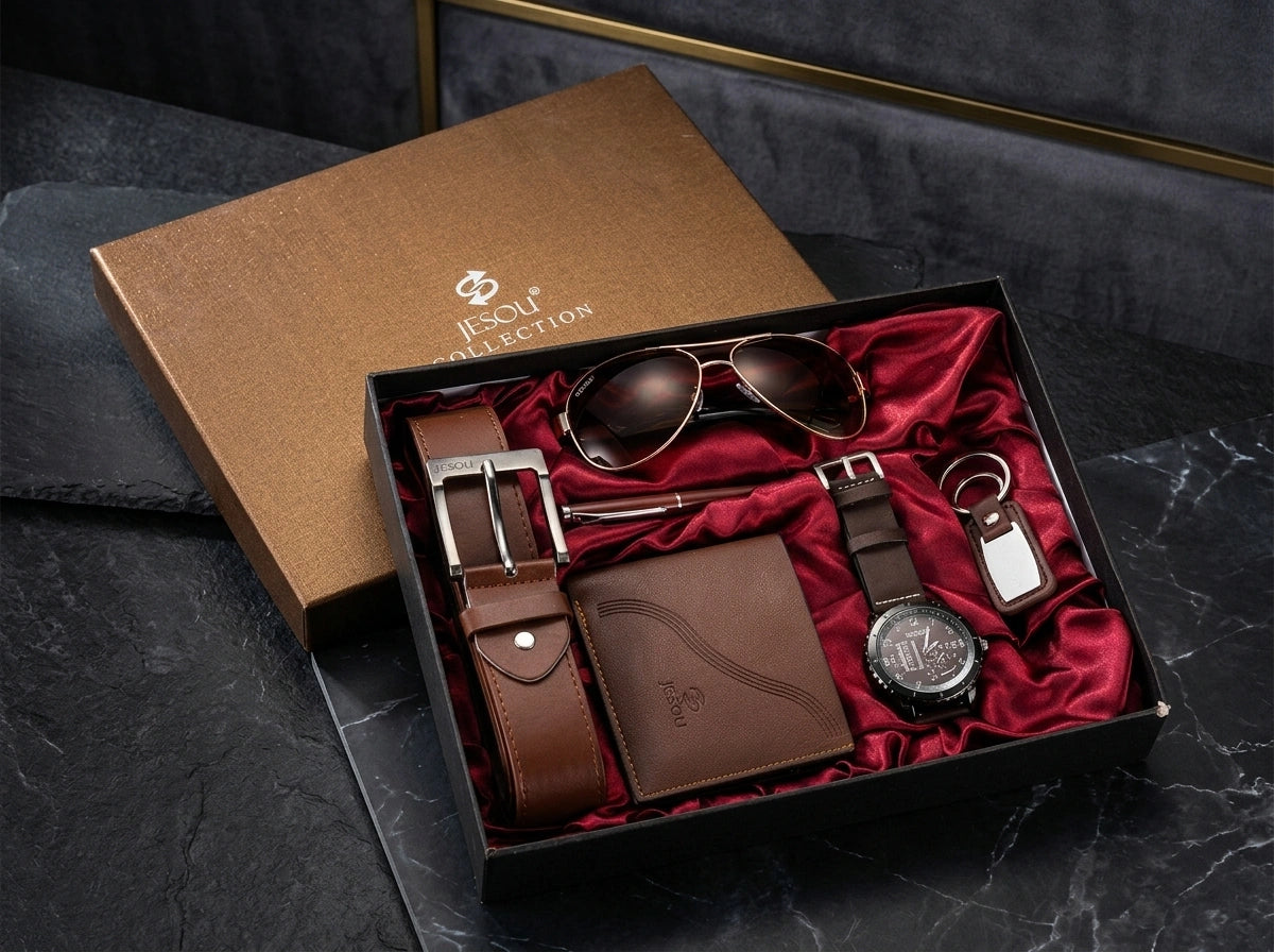 Rovesto luxe accessoierset voor heren met donker horloge, bruine leren riem, bruine portemonnee, zonnebril, pen en sleutelhanger in stijlvolle geschenkdoos