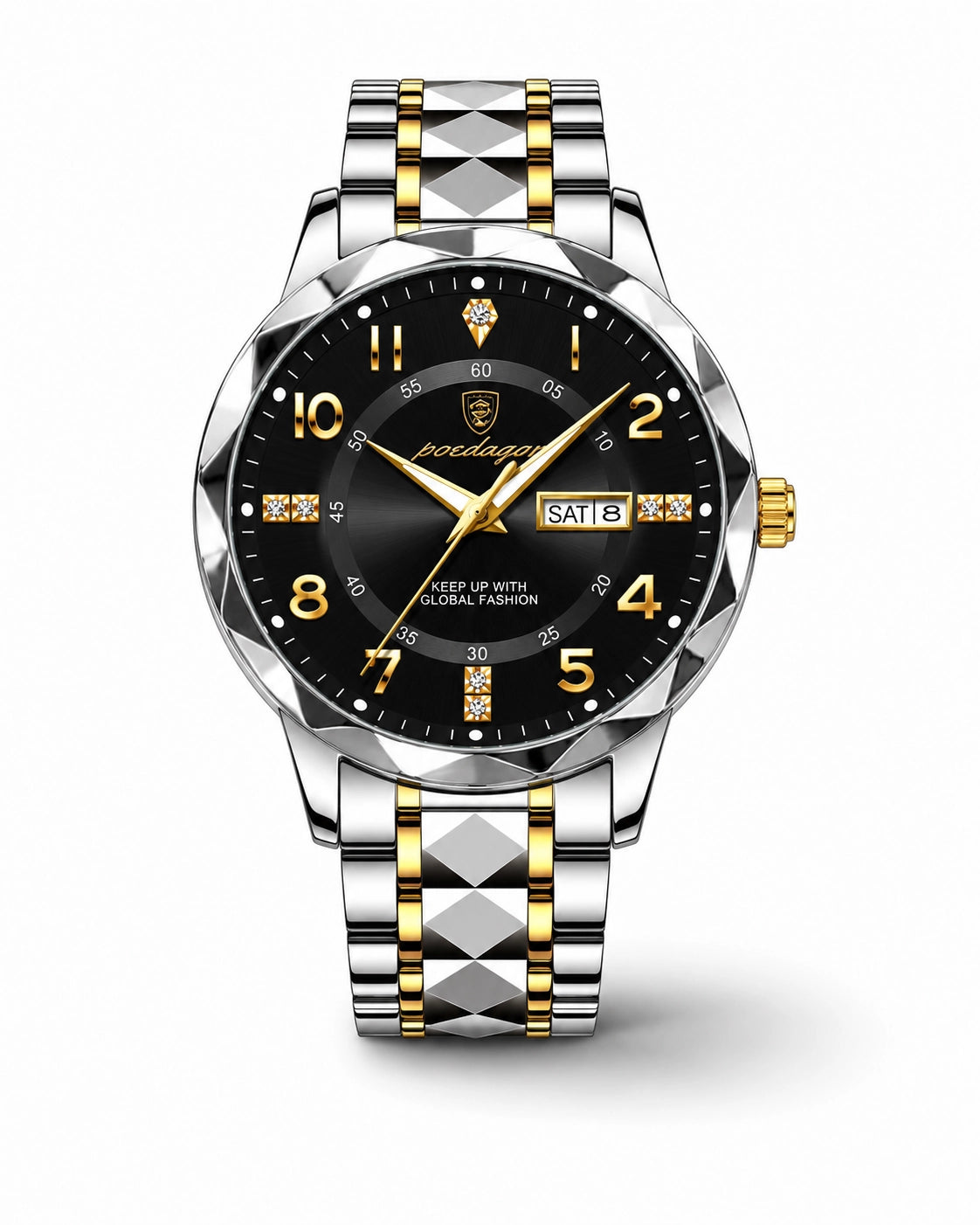 Royale zilver-goud horloge met zwarte wijzerplaat, gouden details en metalen schakelband.