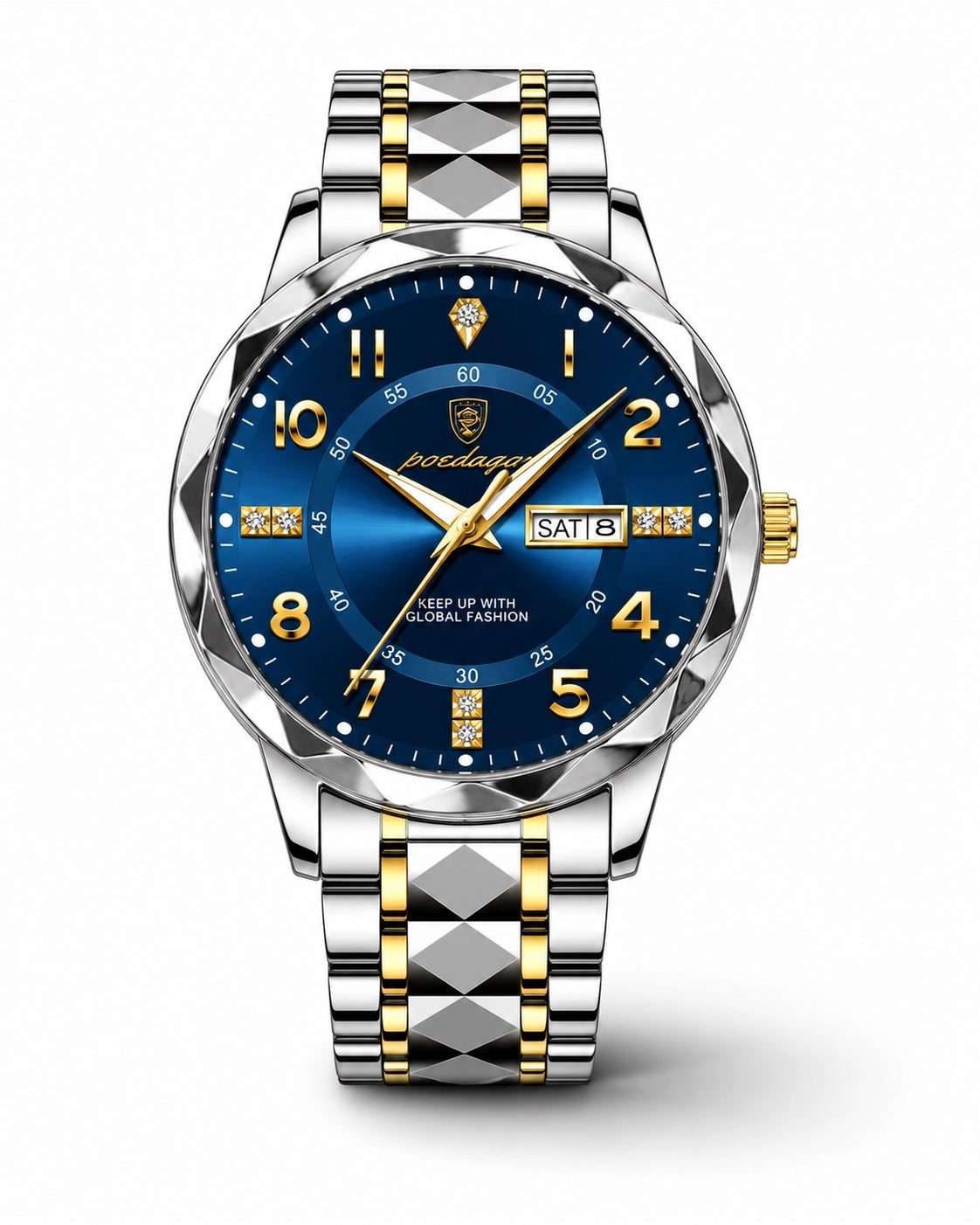 Sapphire zilver-goud horloge met blauwe wijzerplaat, gouden accenten en kristaldetails.