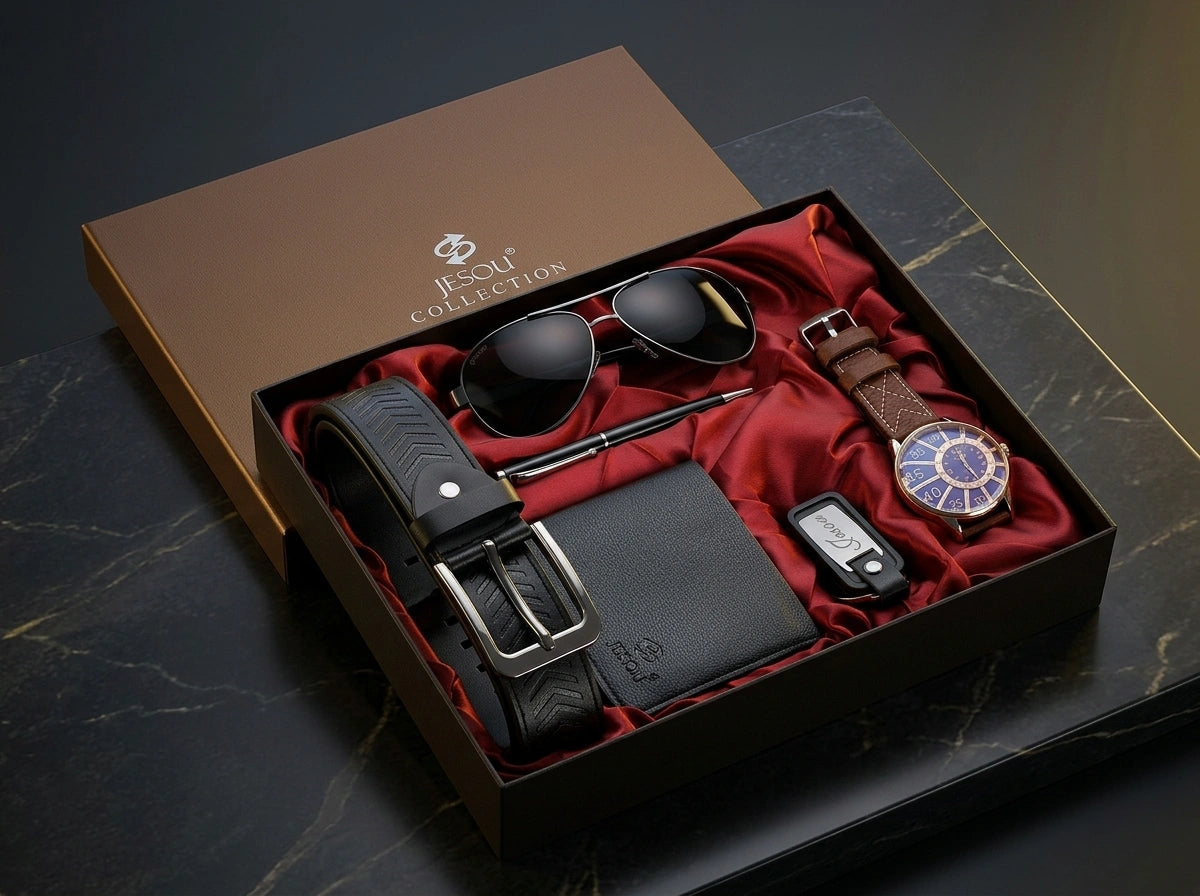 Seravano exclusieve herenaccessoierset met blauw horloge, bruine horlogeband, zwarte riem, portemonnee, zonnebril, pen en sleutelhanger in premium geschenkverpakking