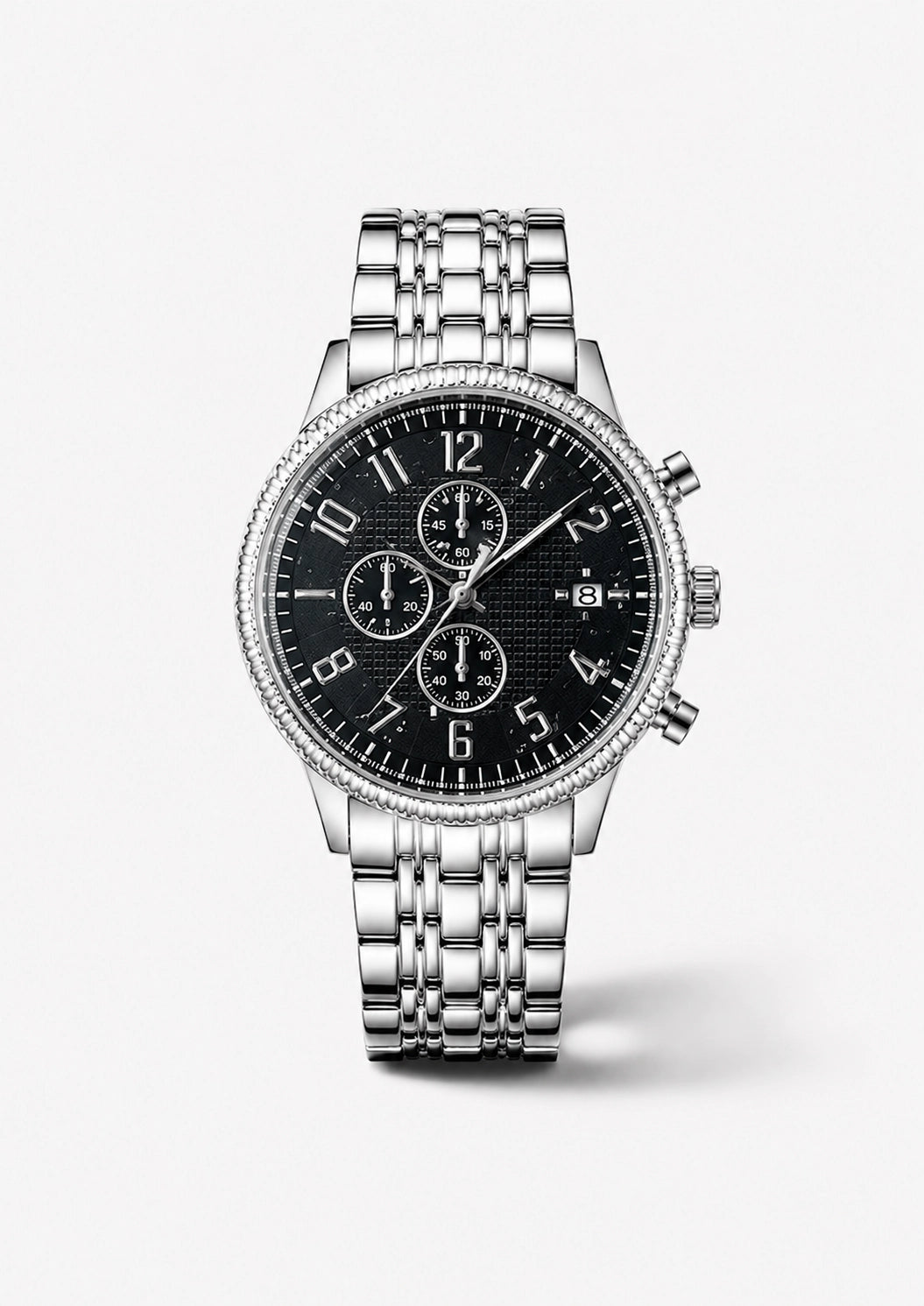 Zilverkleurig chronograaf horloge met zwarte wijzerplaat en stalen schakelband