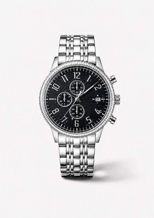 Zilverkleurig chronograaf horloge met zwarte wijzerplaat en stalen schakelband