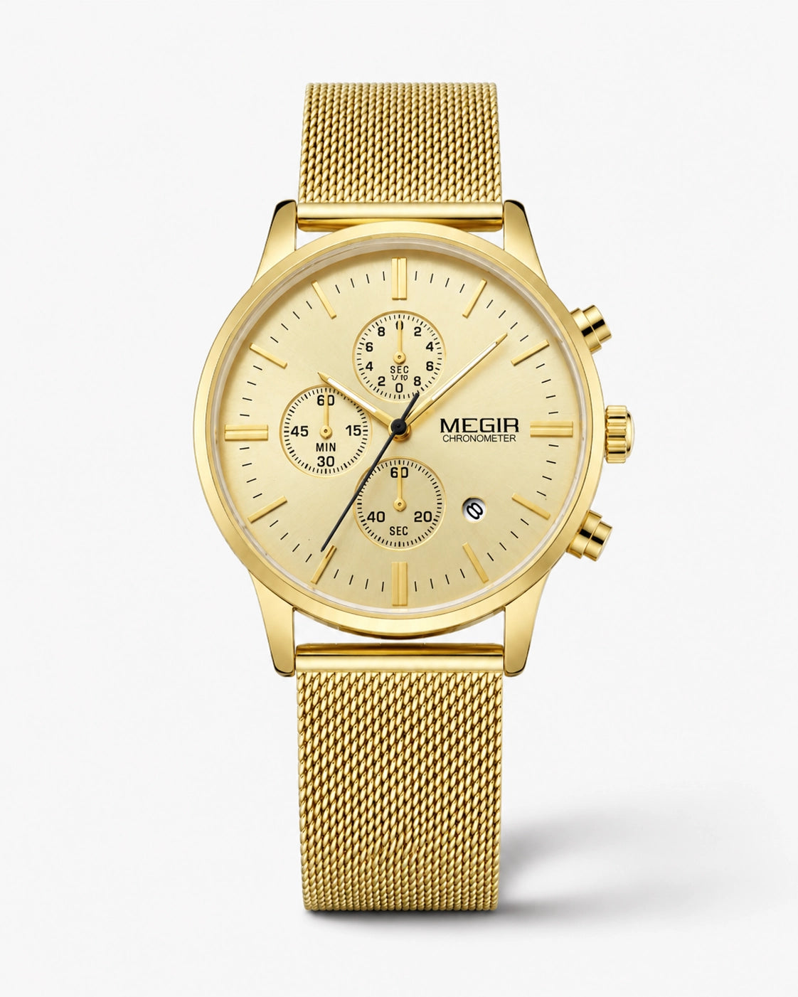 Goudkleurige chronograafhorloge Solenne met metalen meshband, champagnekleurige wijzerplaat en luxueuze afwerking op een witte achtergrond.
