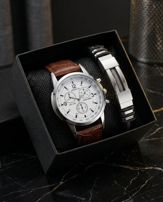 The Patron Set luxe herenhorloge cadeauset met witte chronograaf, bruine leren band en zilverkleurige armband in zwarte geschenkdoos