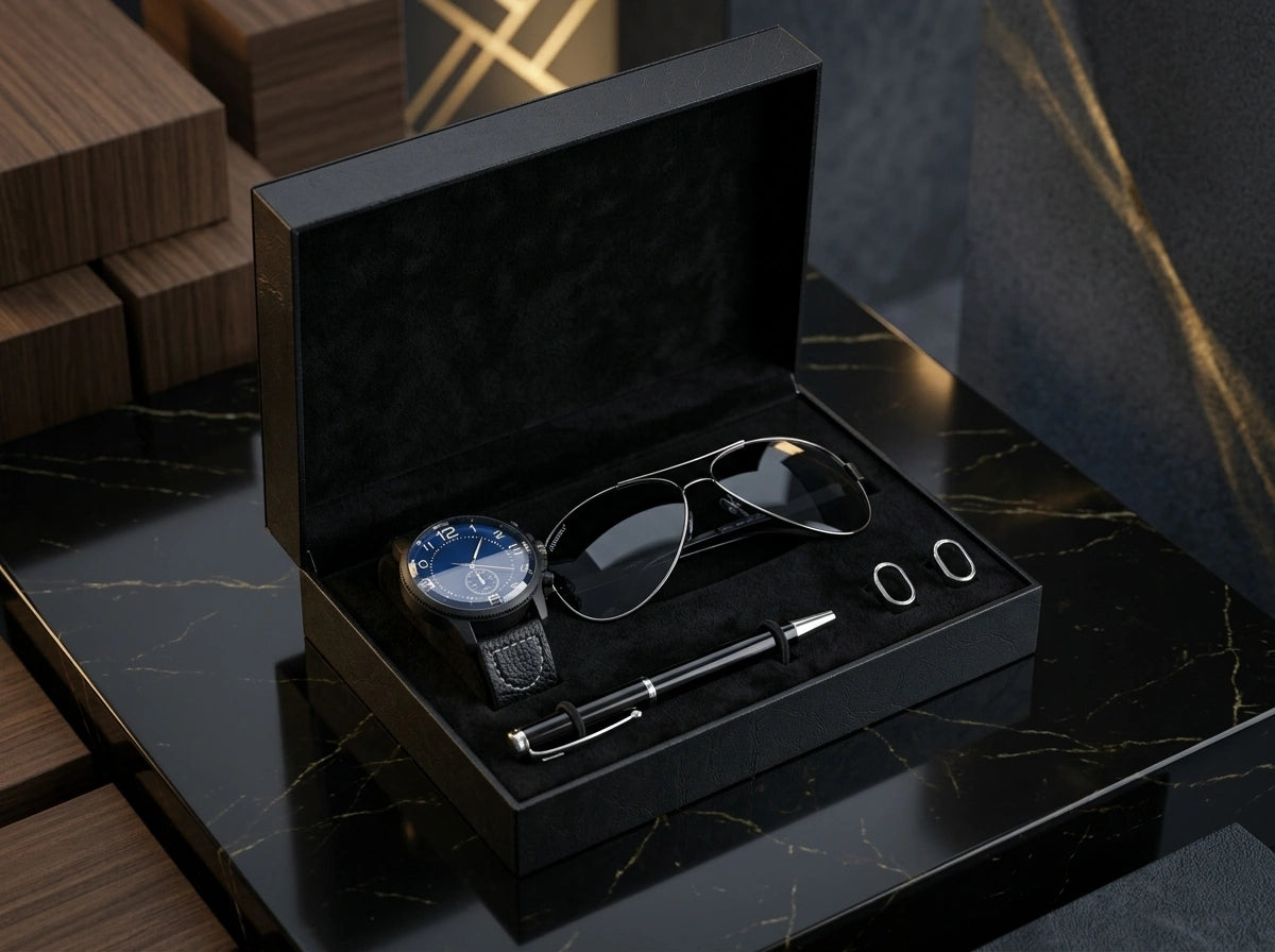 The Velmora Blackstone Set met blauw herenhorloge, zwarte horlogeband, zwarte aviator-zonnebril, premium balpen en manchetknopen in luxe zwarte geschenkdoos.
