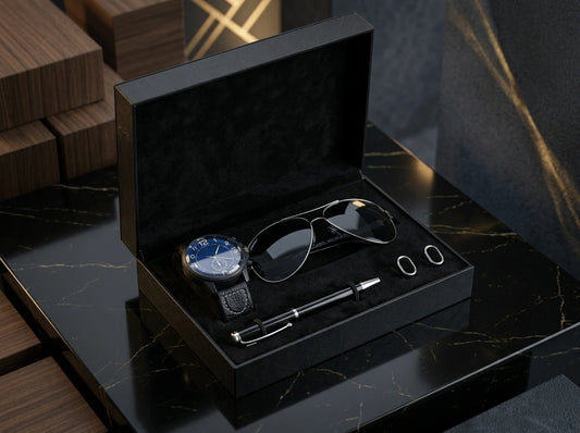 The Velmora Blackstone Set met blauw herenhorloge, zwarte horlogeband, zwarte aviator-zonnebril, premium balpen en manchetknopen in luxe zwarte geschenkdoos.