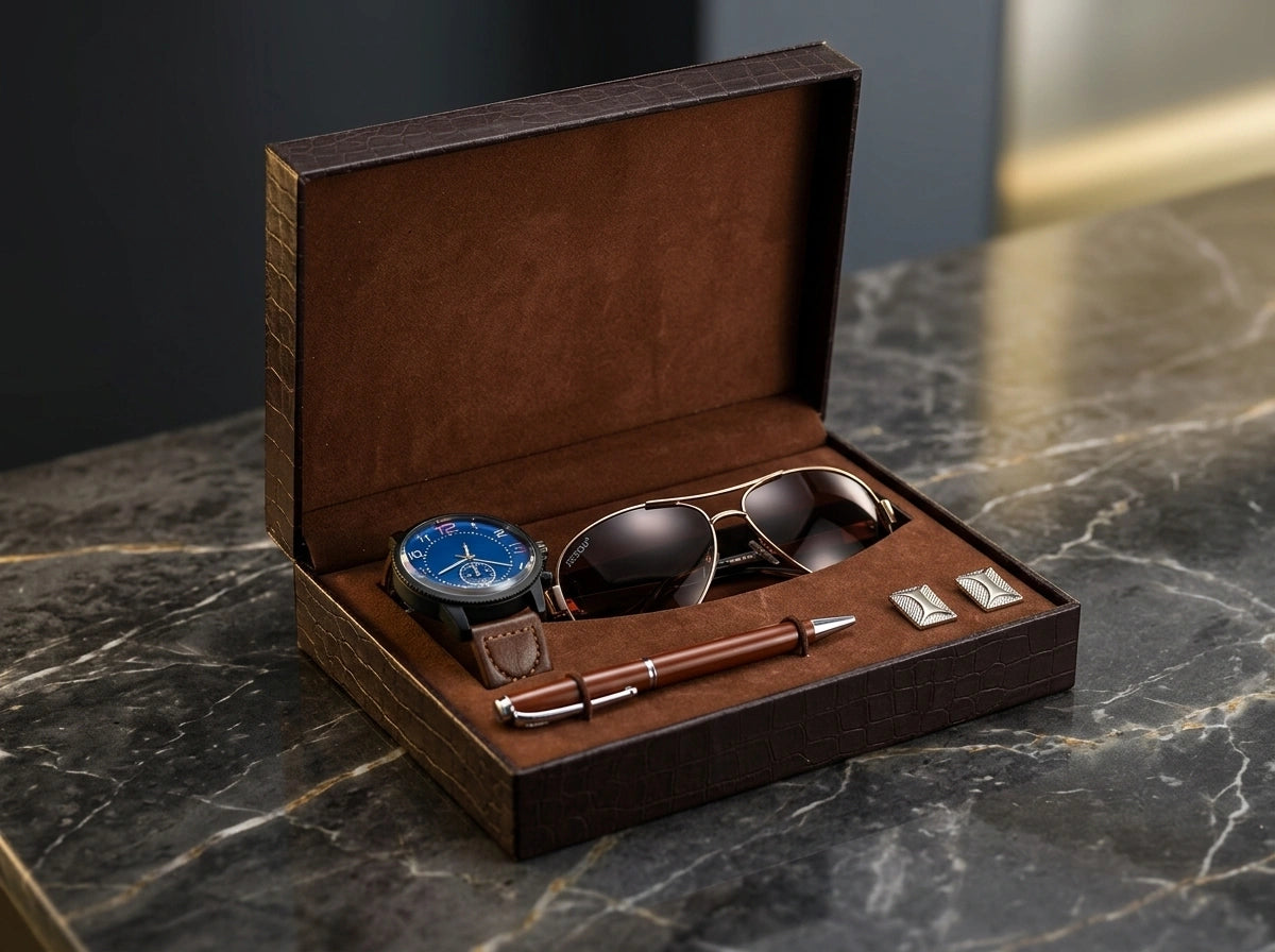 The Velmora Umber Set met blauw herenhorloge, bruine leren horlogeband, aviator-zonnebril, luxe balpen en manchetknopen in bruine geschenkdoos.