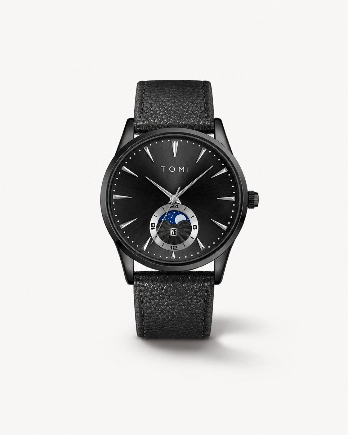 Luxora Lunévia Vantrel herenhorloge met zwarte wijzerplaat, zwarte kast en zwarte leren horlogeband met zilveren details