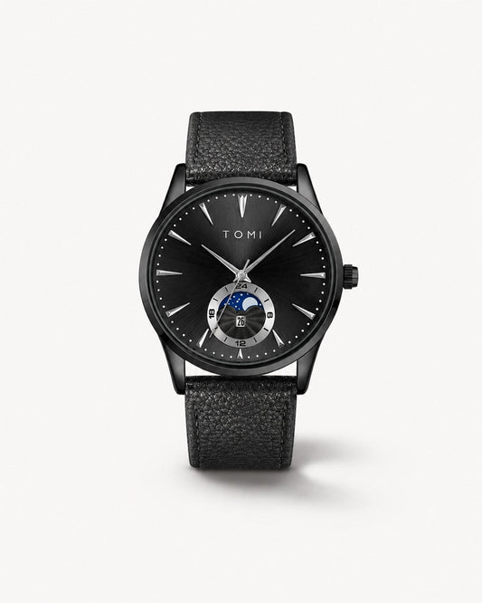 Luxora Lunévia Vantrel herenhorloge met zwarte wijzerplaat, zwarte kast en zwarte leren horlogeband met zilveren details