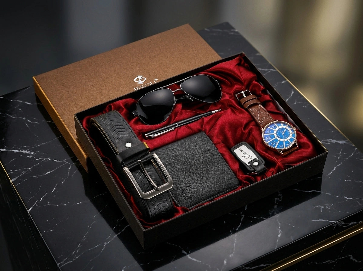 Velmaro luxe herenaccessoierset met blauw horloge, bruine horlogeband, zwarte riem, portemonnee, zonnebril, pen en sleutelhanger in elegante geschenkverpakking