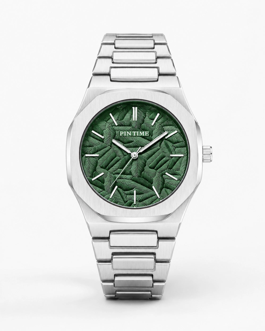 Luxora Verdanor luxe herenhorloge met zilveren roestvrijstalen band, groene patroonwijzerplaat en stijlvolle premium afwerking.