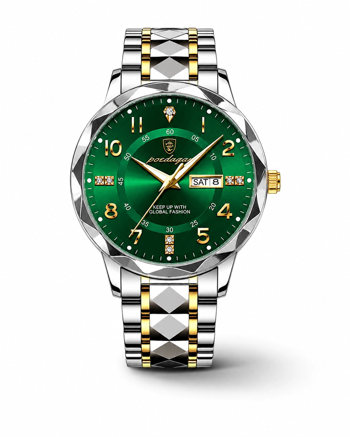 Veridian zilver-goud horloge met groene wijzerplaat, gouden details en metalen schakelband.
